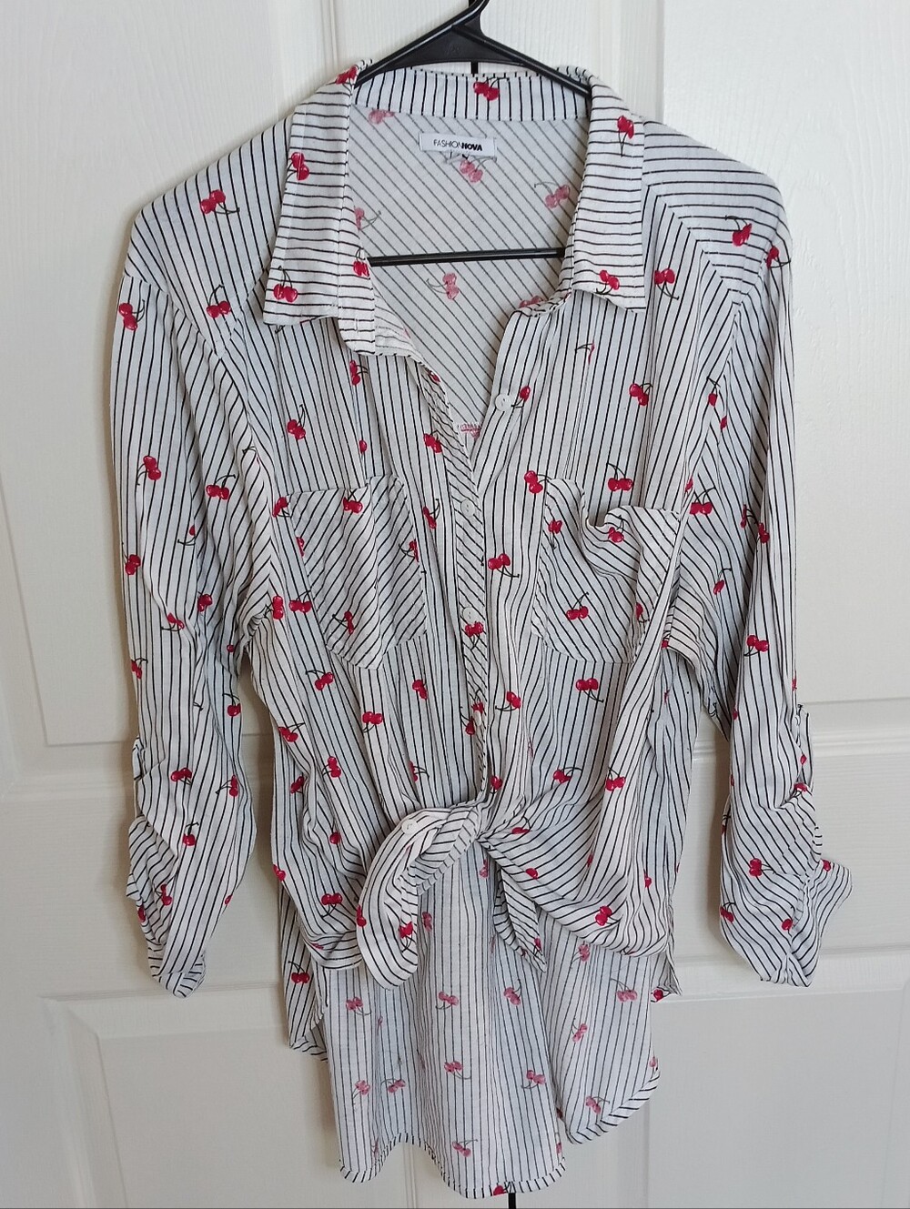 Fashion Nova White Button-Up Blouse with Black Stripes and Red Cherry Accents
